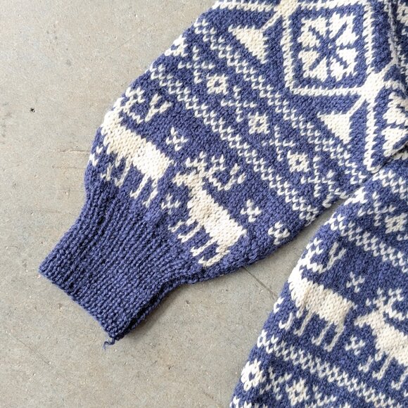 Vintage Norway Design Handknit Blue White Fair Isle Moose Wool Cardigan Sweater - Picture 4 of 10